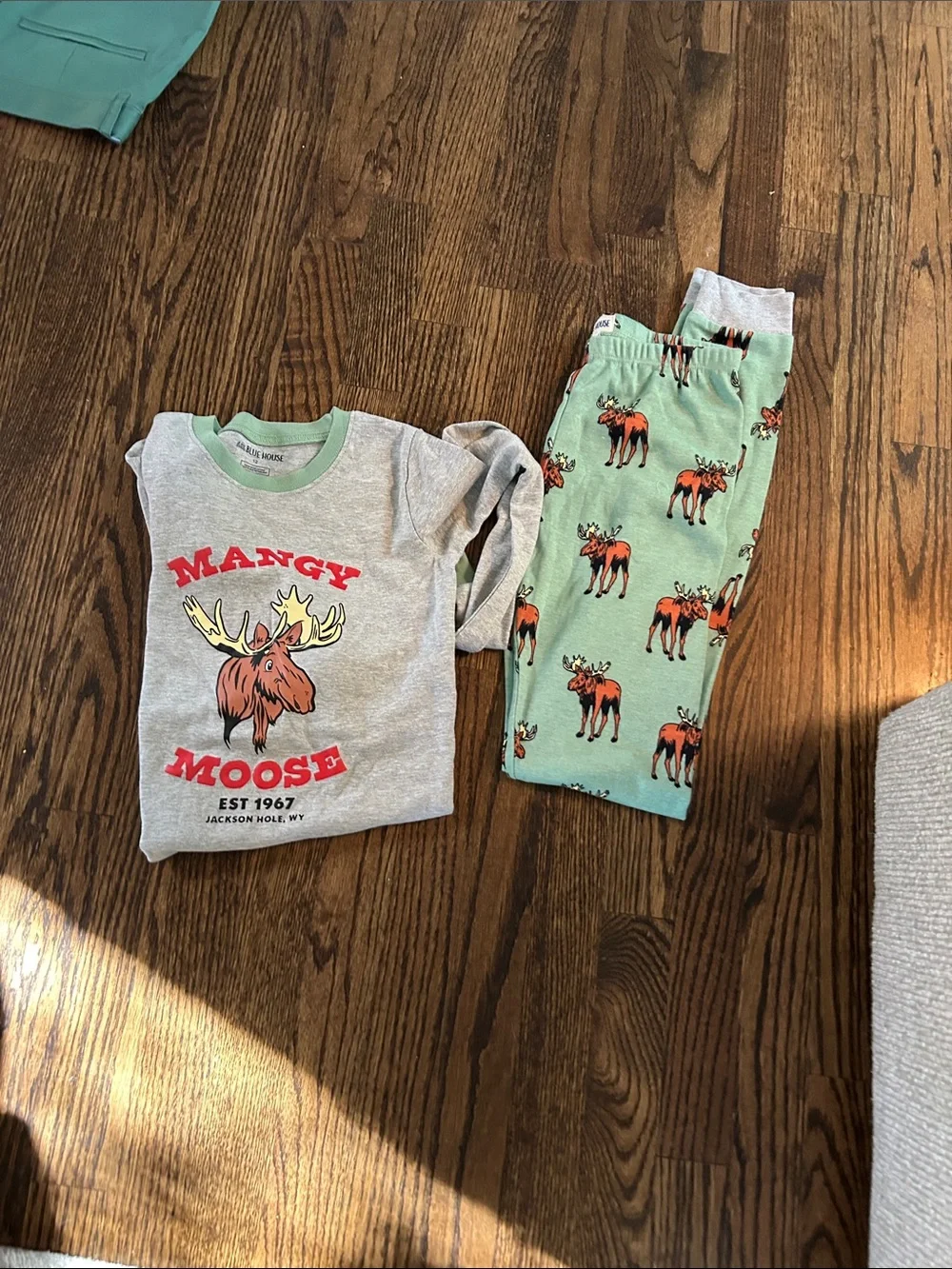 Kids Moose Graphic Pajama Set - Gray Top & Green Pants